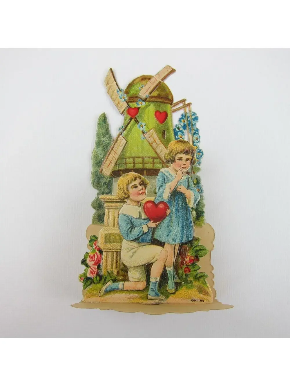 Vintage Valentine 3D Pop Up Die Cut Blonde Boy & Girl Blue Dress Green Windmill